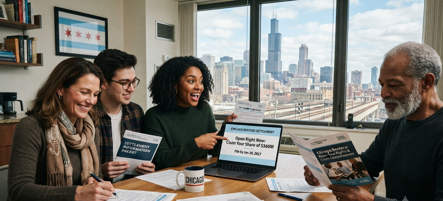 Chicago renters reviewing the RealPage class action settlement claim process together, with the Chicago skyline visible in the background