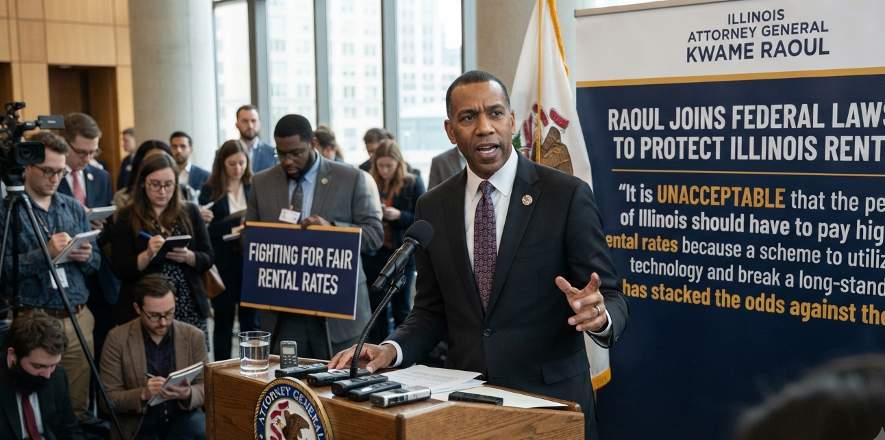 Illinois Attorney General Kwame Raoul at a press conference announcing Illinois joins the DOJ federal lawsuit against RealPage and its landlord defendants