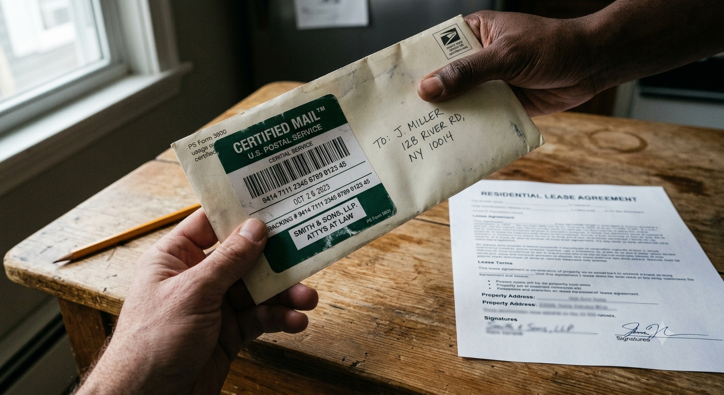 A tenant reviews a security deposit return demand letter at a kitchen table with documentation and a calculator