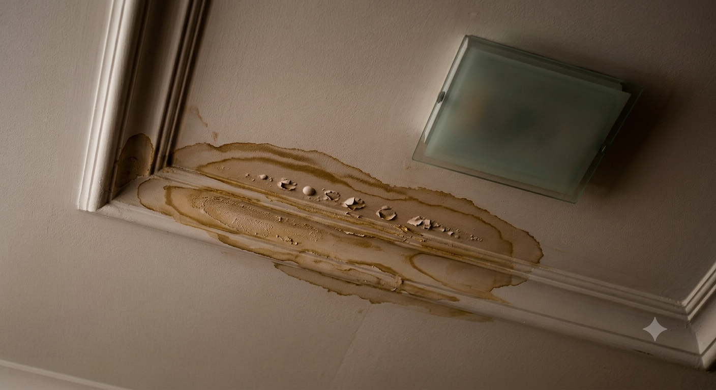 A Chicago apartment with a cracked ceiling and water damage stains, illustrating common habitability violations