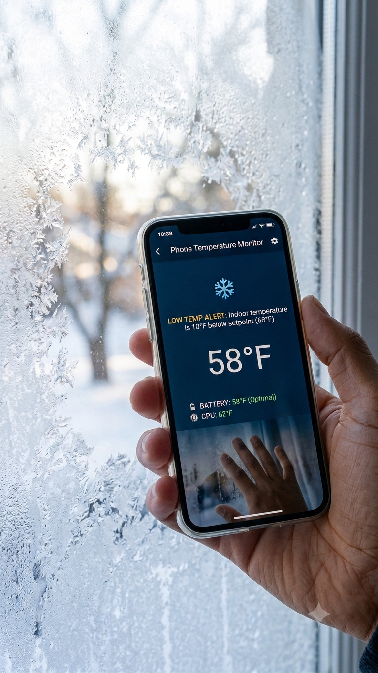 A thermometer showing a cold indoor temperature next to a radiator in a Chicago apartment during winter