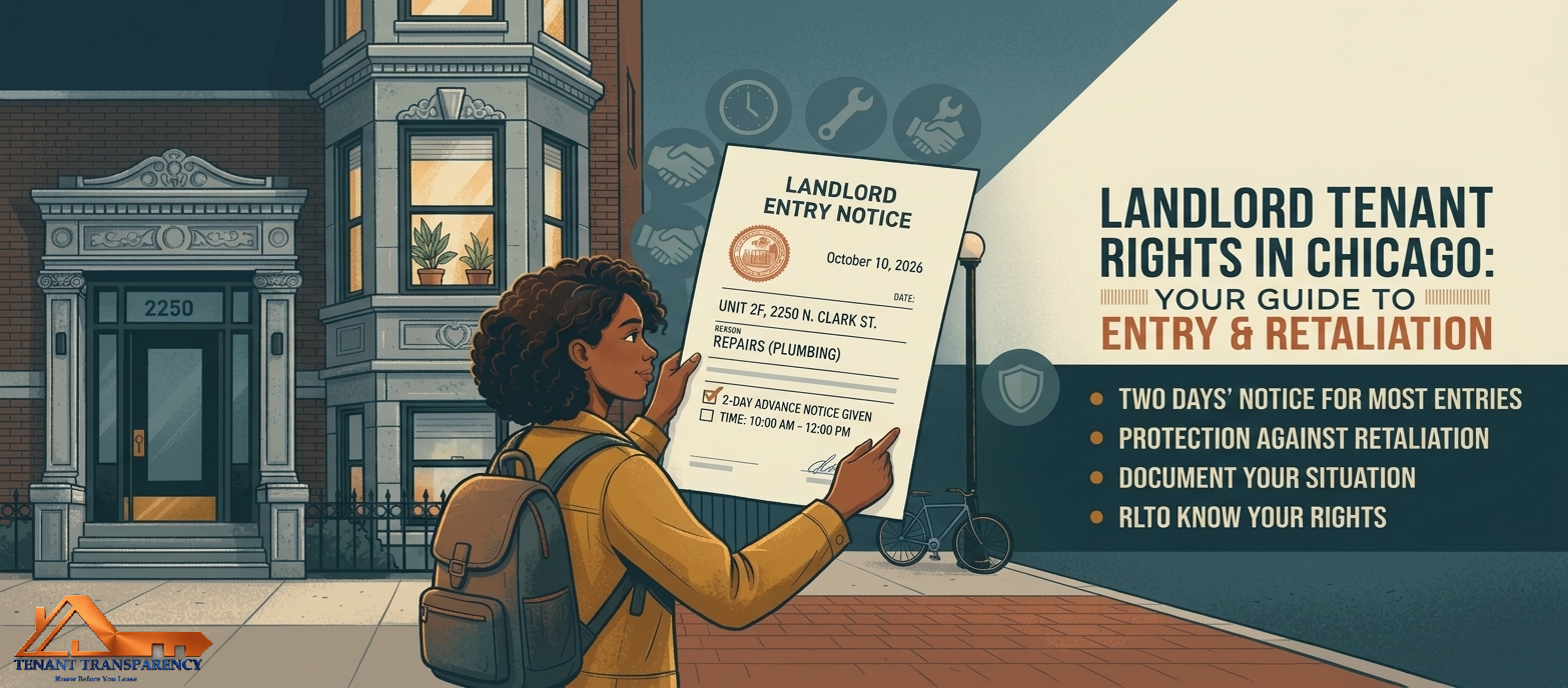 A Chicago renter holds up a landlord entry notice for plumbing repairs outside a greystone building, with text reading Two days notice for most entries and Protection against retaliation