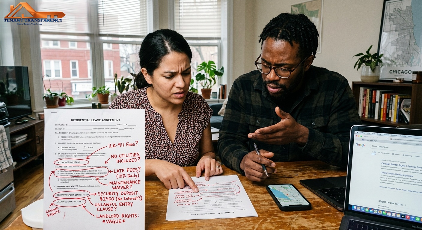 Two Chicago renters at a table review a residential lease marked up with red circles around late fees, security deposit, and landlord entry clauses