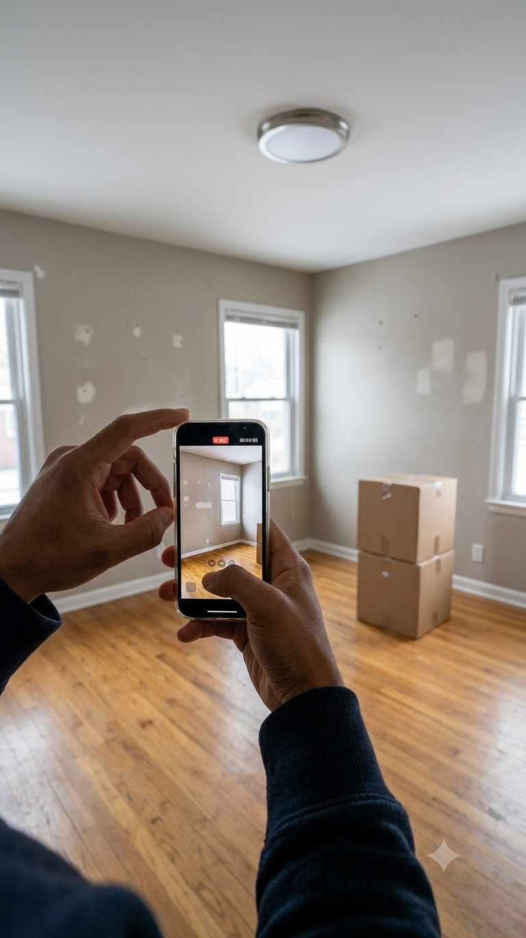 A tenant photographs pre-existing wall damage in a Chicago apartment before moving out to document condition