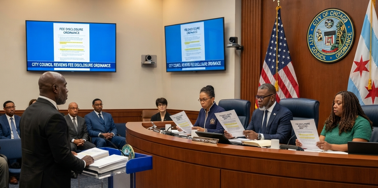 Chicago City Council members review a competing ordinance during a committee hearing at City Hall
