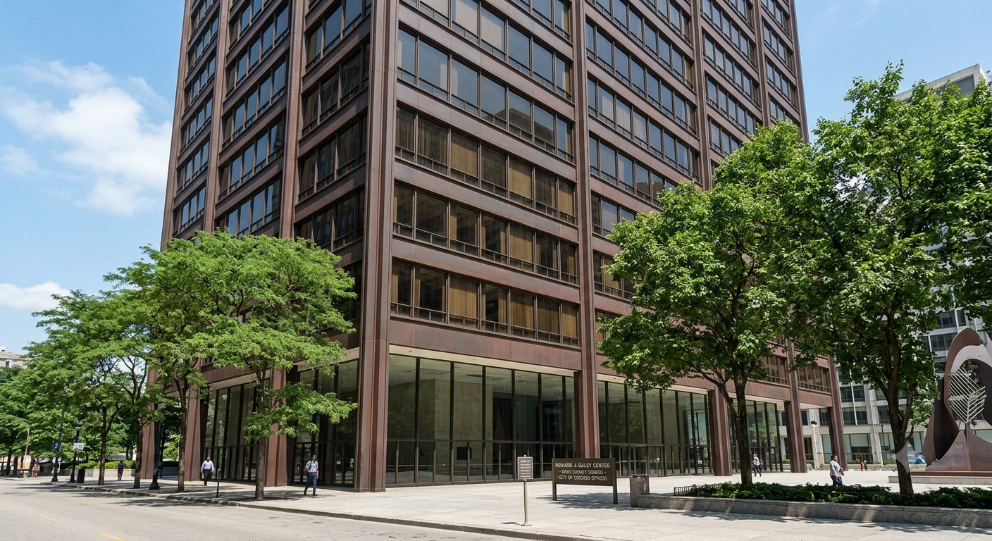 The exterior of the Richard J. Daley Center courthouse in Chicago where Cook County eviction cases are heard