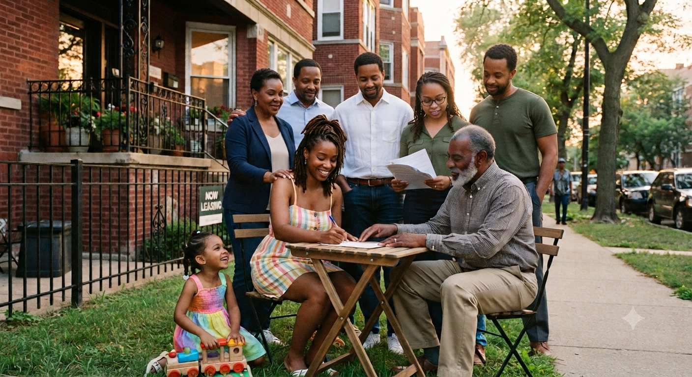 A family and community members gathered around a table outside a Chicago brick apartment building, smiling as a woman signs a lease