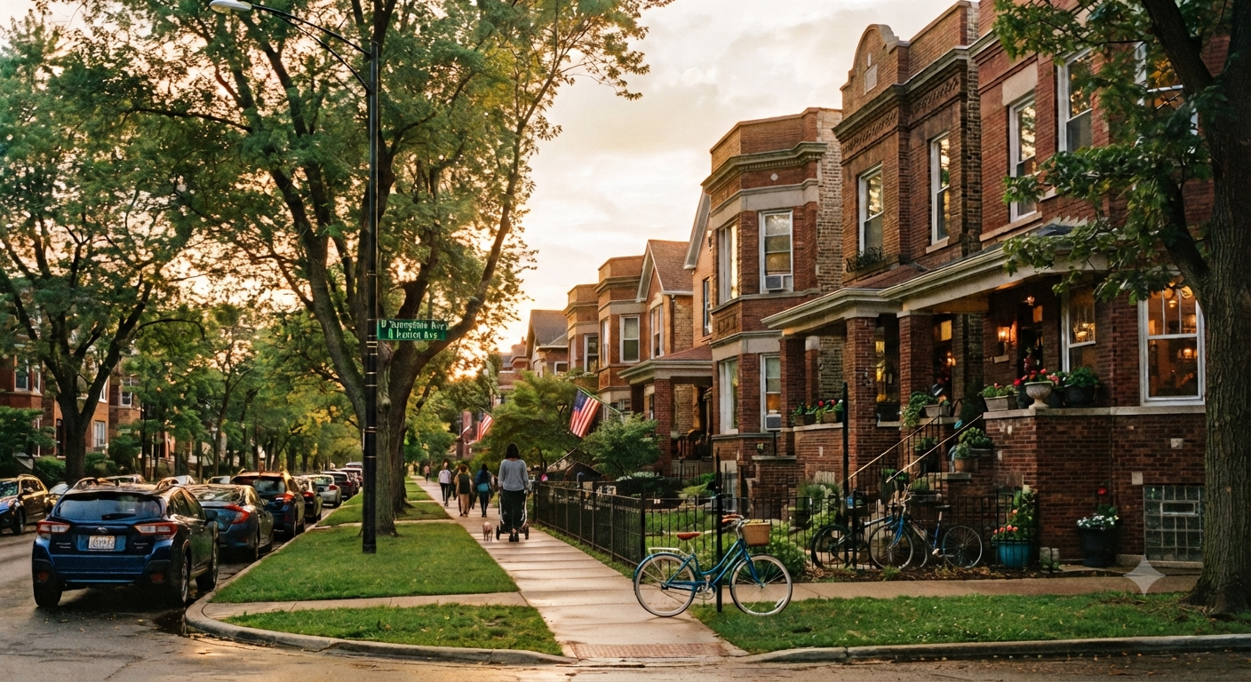 A quiet Chicago residential street at golden hour with brick three-flats, mature trees, and a bicycle leaning against a fence